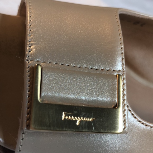 Salvatore Ferragamo “Balzac” Gazella/Gold Satin Finish Calf, 1.5” Heel, Open Toe - Picture 12 of 15